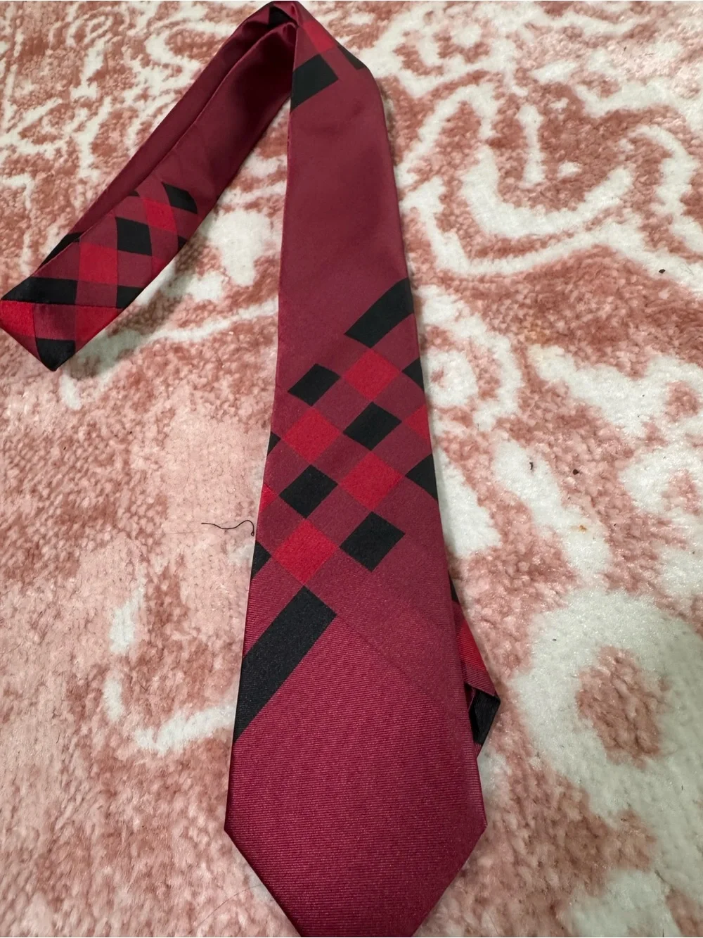 Burberry Red and Black Plaid Silk-Effect Tie